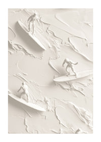 A poster with textured surfers riding abstract, monochrome waves-1