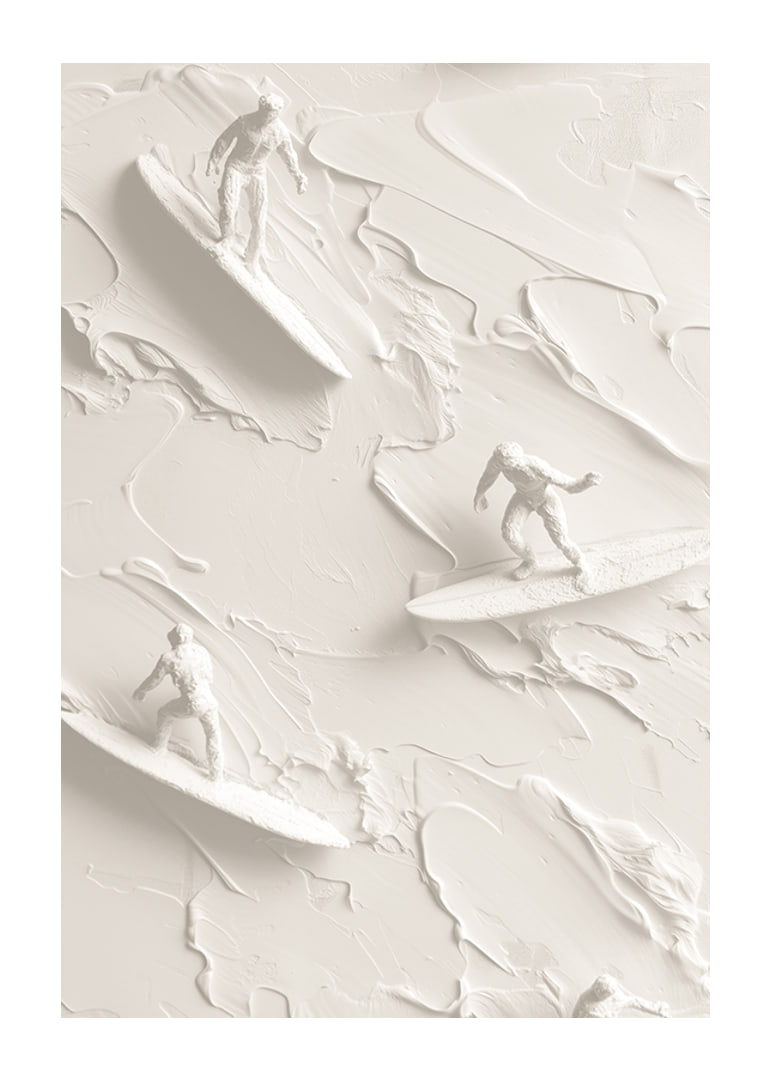 A poster with textured surfers riding abstract, monochrome waves-12