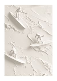 Een poster met getextureerde surfers die op abstracte, monochrome golven rijden-1