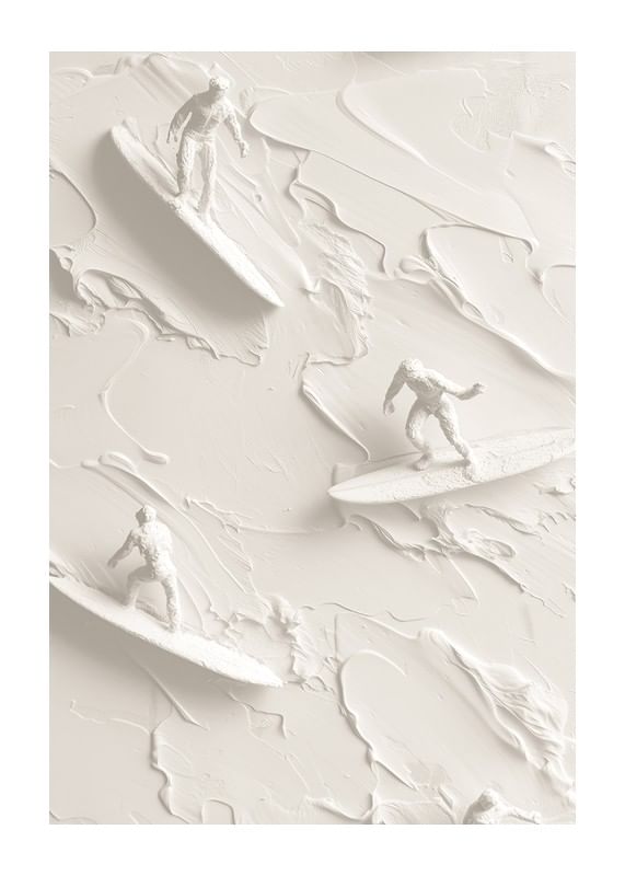 Een poster met getextureerde surfers die op abstracte, monochrome golven rijden-12