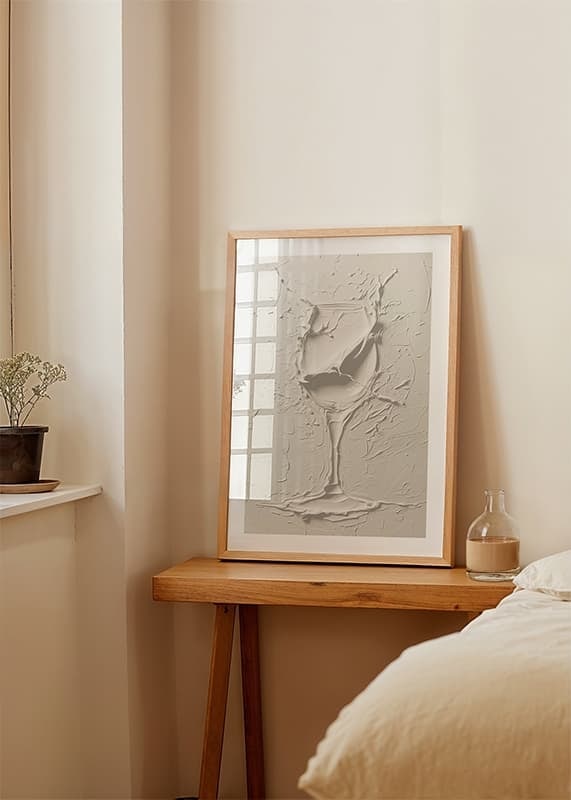 A poster featuring a textured wine glass in a soft, monochrome design-12