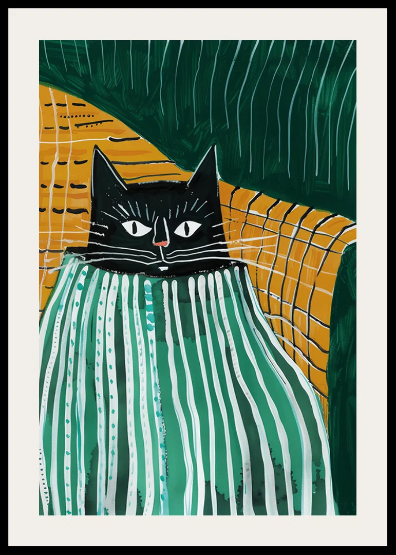 A poster of a black cat snuggling under a striped blanket-12