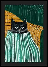 A poster of a black cat snuggling under a striped blanket-4