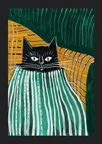 A poster of a black cat snuggling under a striped blanket-5