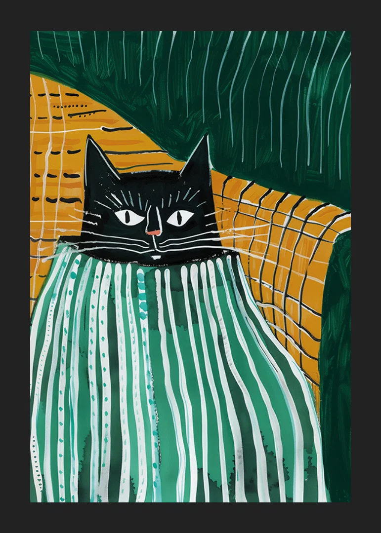 A poster of a black cat snuggling under a striped blanket-12
