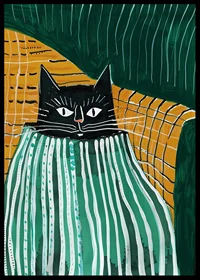 A poster of a black cat snuggling under a striped blanket-6