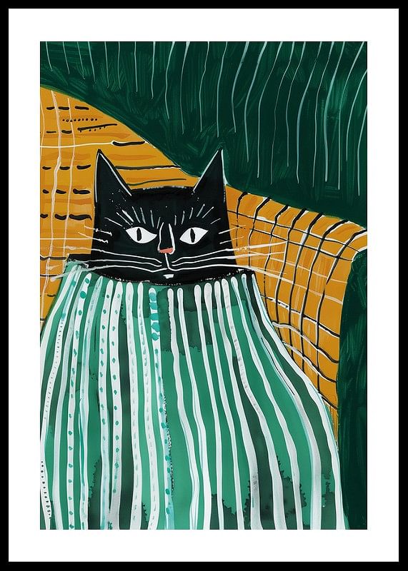 Een poster van een zwarte kat die zich onder een gestreepte deken nestelt-12