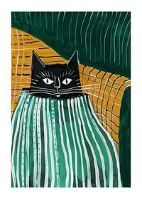 Een poster van een zwarte kat die zich onder een gestreepte deken nestelt-1
