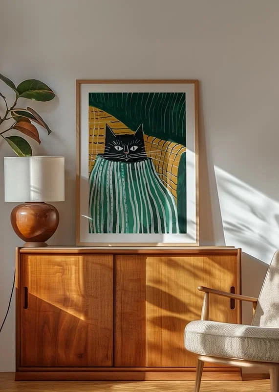 A poster of a black cat snuggling under a striped blanket-12