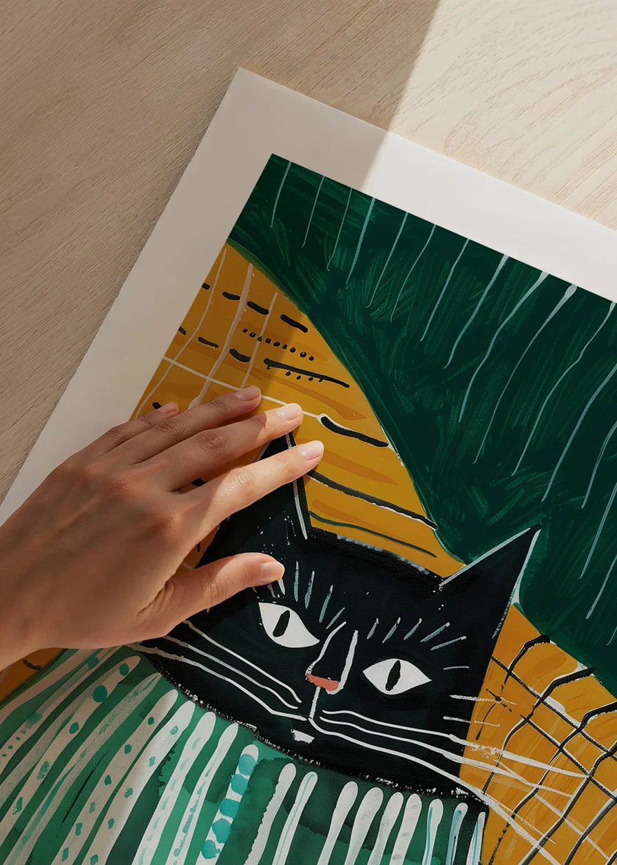 A poster of a black cat snuggling under a striped blanket-12