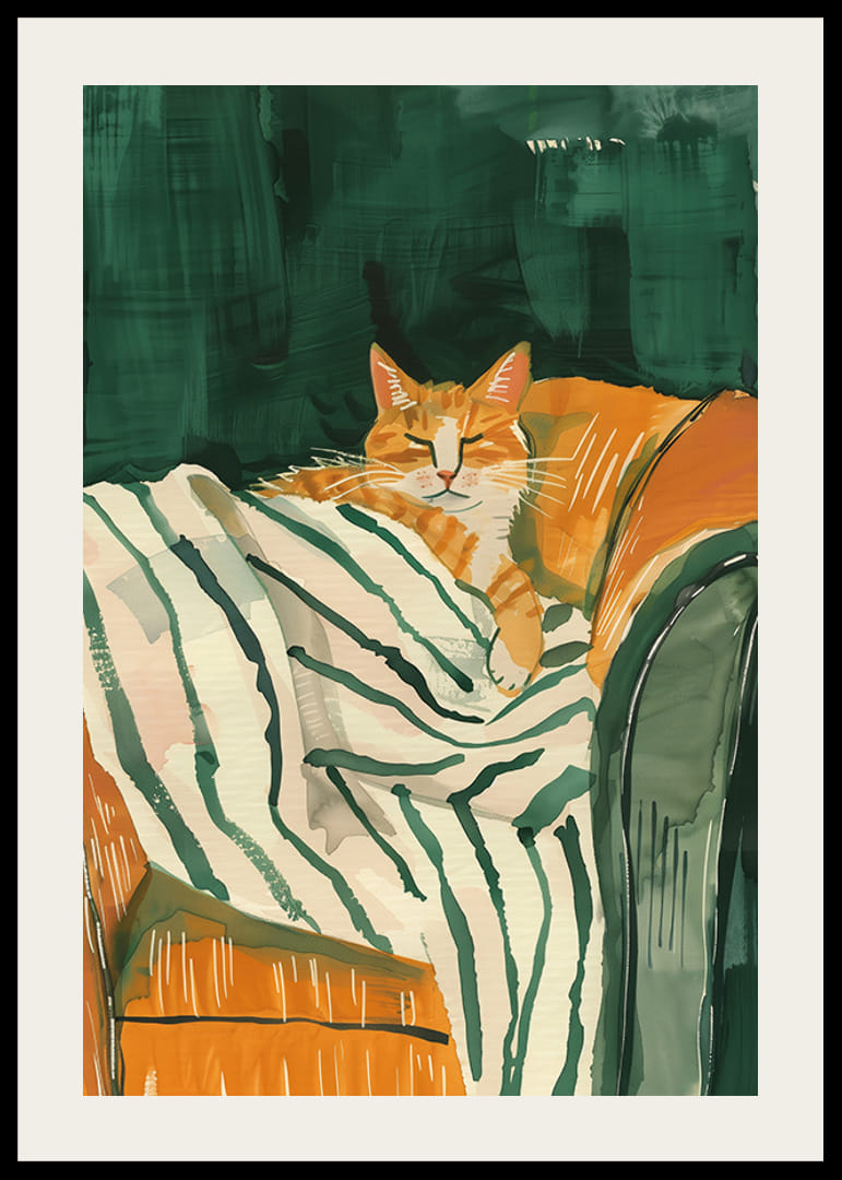 En plakat af en afslappet orange kat, der hviler på et stribet tæppe-12