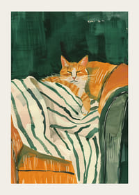 En plakat af en afslappet orange kat, der hviler på et stribet tæppe-3