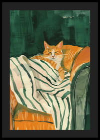 En plakat af en afslappet orange kat, der hviler på et stribet tæppe-4