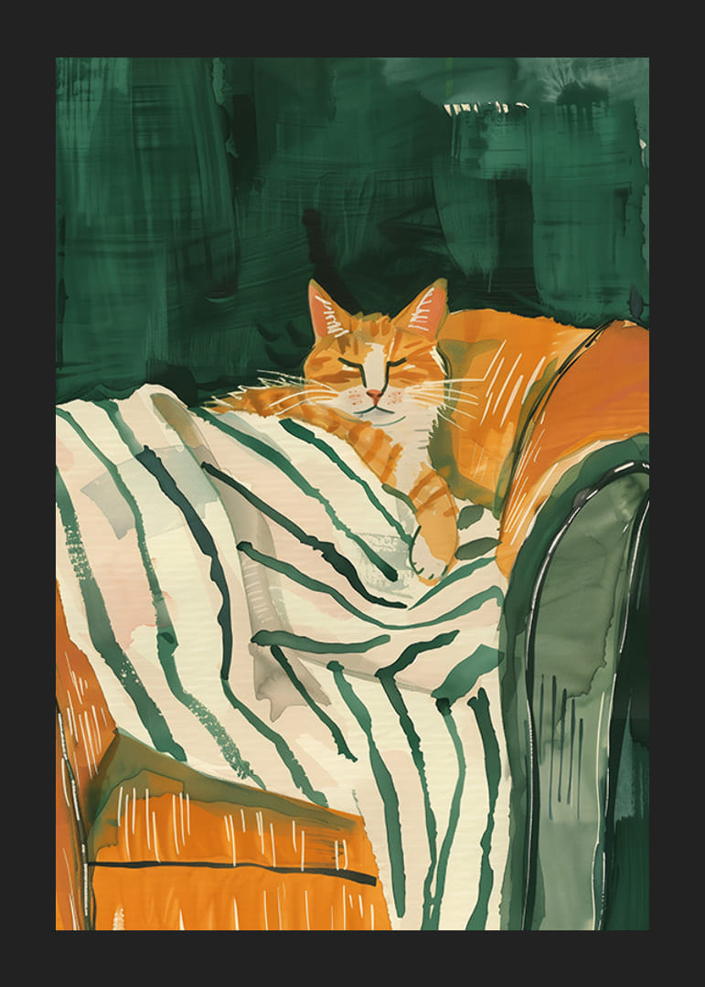 En plakat af en afslappet orange kat, der hviler på et stribet tæppe-12