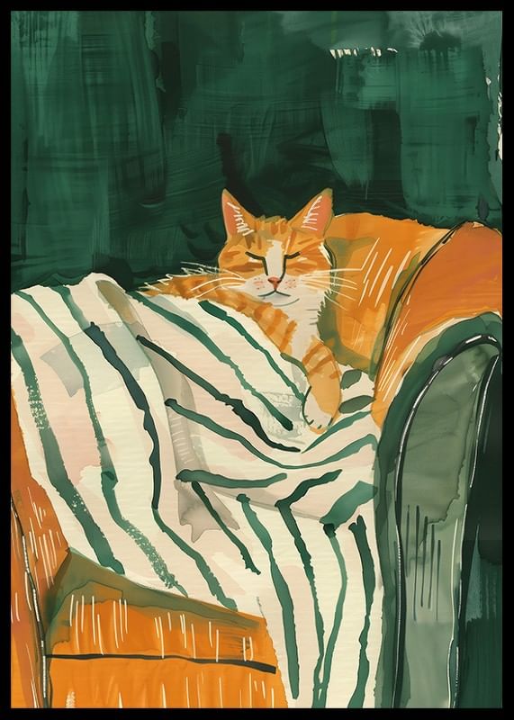 A poster of a relaxed orange cat resting on a striped blanket-12