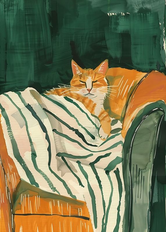 A poster of a relaxed orange cat resting on a striped blanket-12