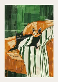 En poster med två katter som vilar tillsammans på en randig filt-3