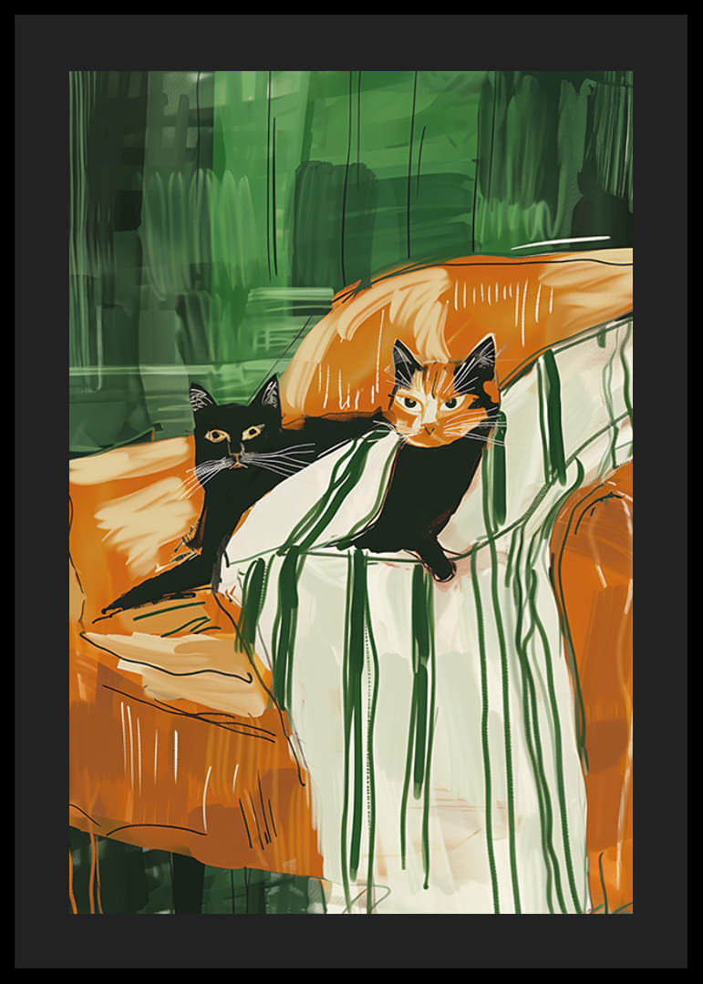 Plagát dvoch mačiek spolu odpočívajúcich na pruhovanej deke-12