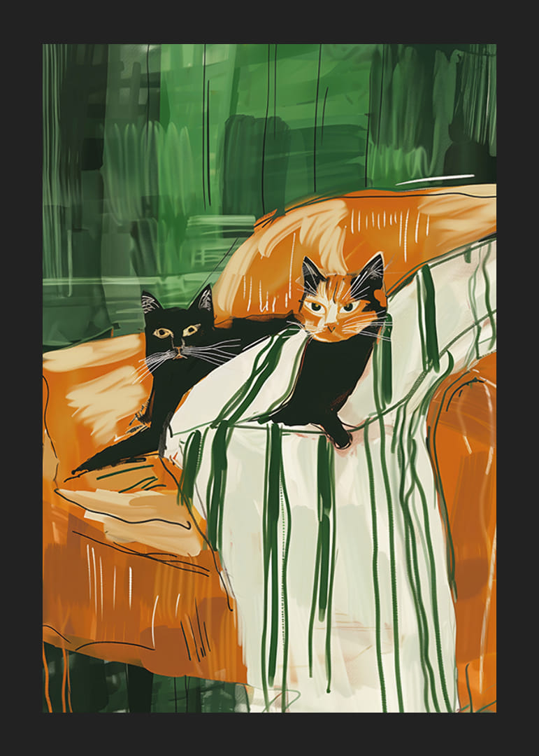 Plagát dvoch mačiek spolu odpočívajúcich na pruhovanej deke-12