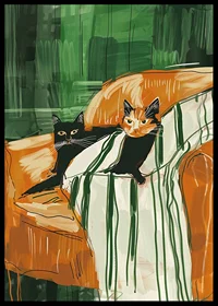 En poster med två katter som vilar tillsammans på en randig filt-6
