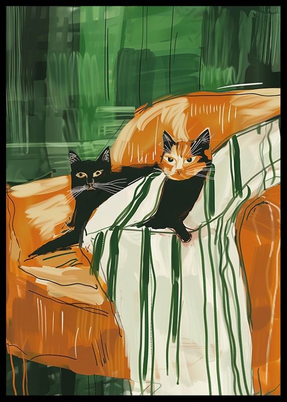 Ein Poster von zwei Katzen, die zusammen auf einer gestreiften Decke ruhen-12
