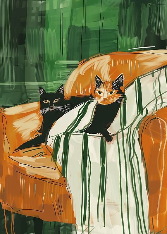 Ein Poster von zwei Katzen, die zusammen auf einer gestreiften Decke ruhen-12