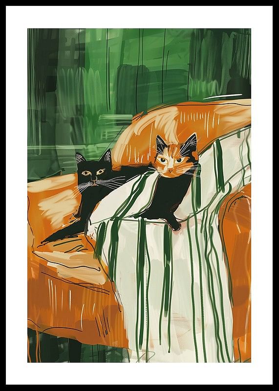 Ein Poster von zwei Katzen, die zusammen auf einer gestreiften Decke ruhen-12