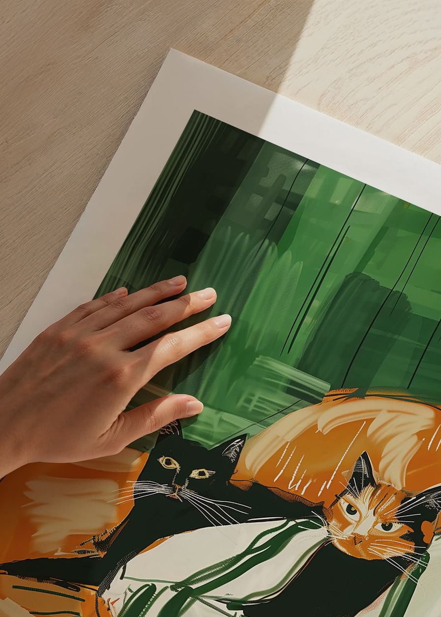 Ein Poster von zwei Katzen, die zusammen auf einer gestreiften Decke ruhen-12