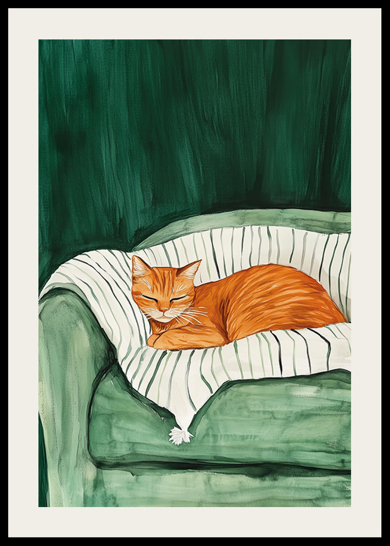 A poster with a sleeping orange cat on a striped blanket in a green armchair-12