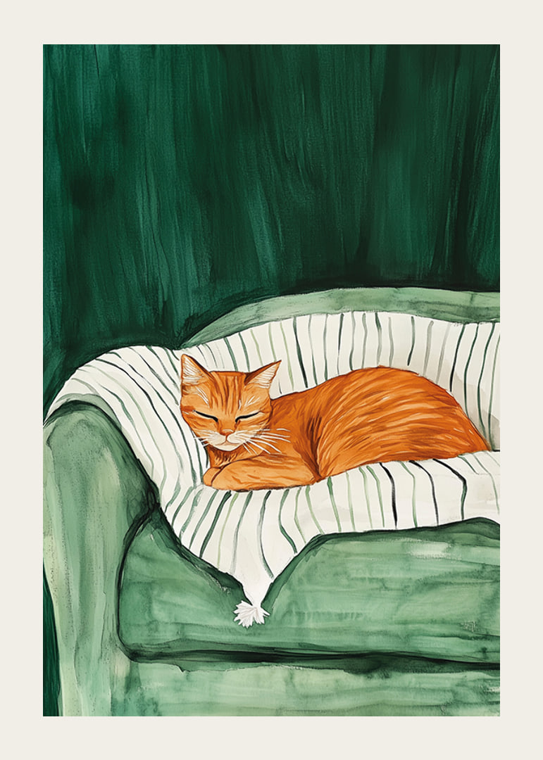 A poster with a sleeping orange cat on a striped blanket in a green armchair-12