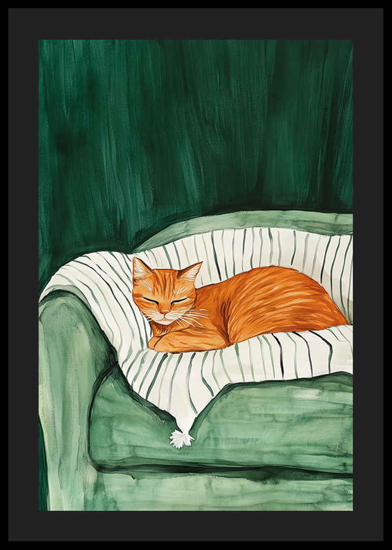 A poster with a sleeping orange cat on a striped blanket in a green armchair-12