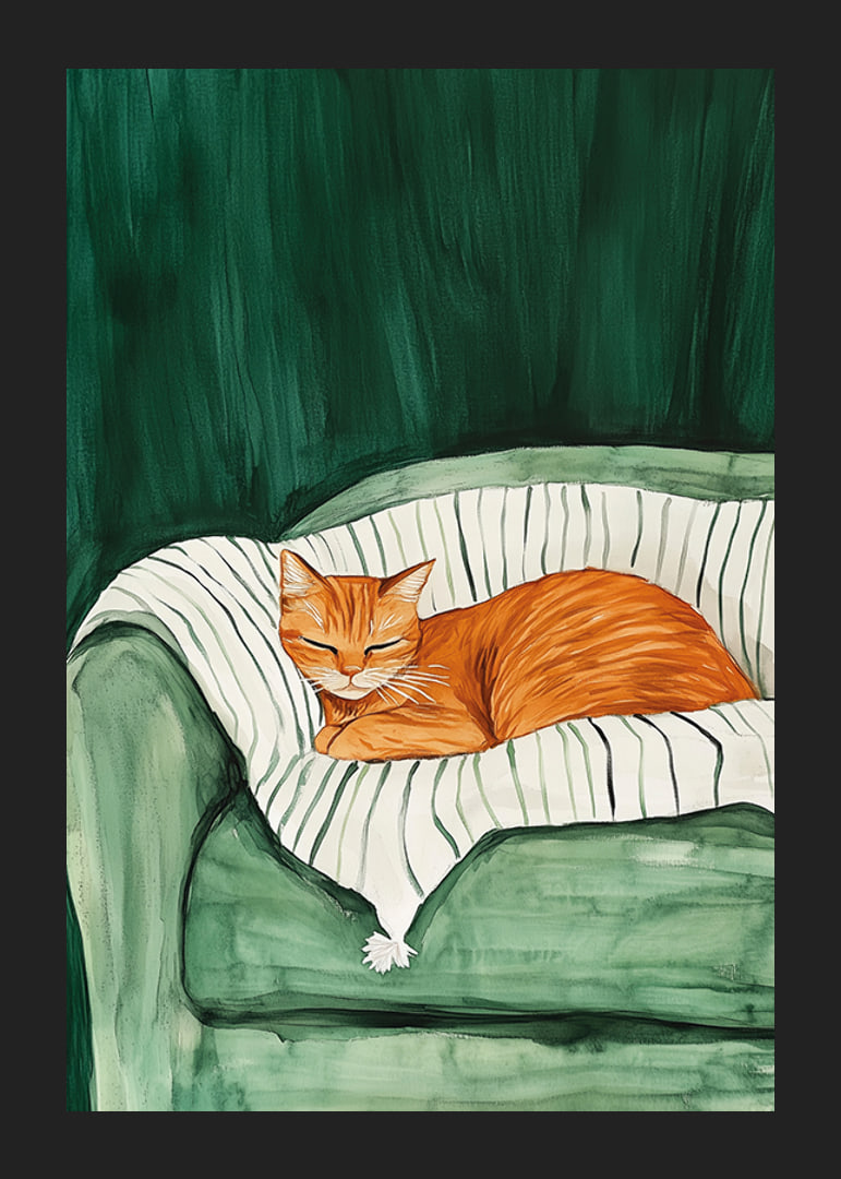 A poster with a sleeping orange cat on a striped blanket in a green armchair-12