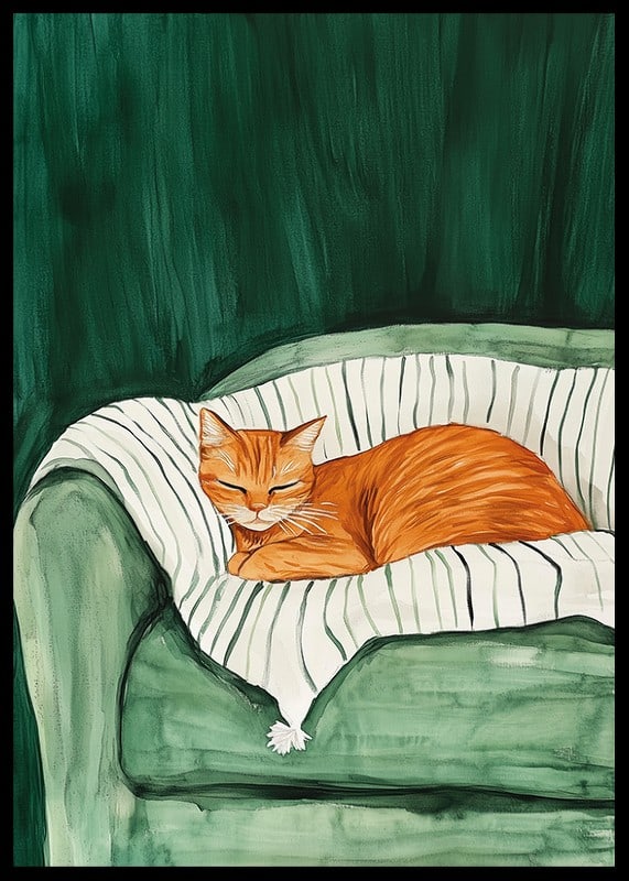 A poster with a sleeping orange cat on a striped blanket in a green armchair-12