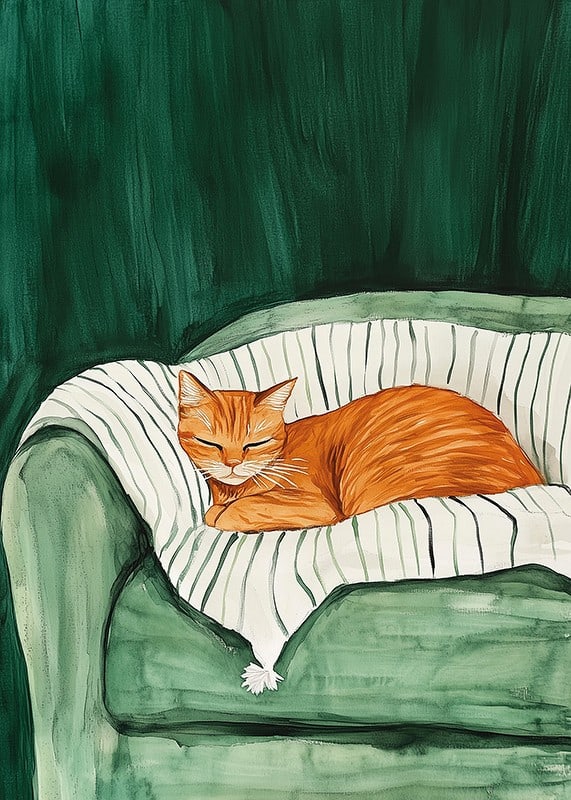 A poster with a sleeping orange cat on a striped blanket in a green armchair-12