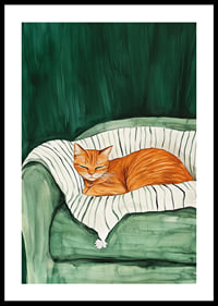 A poster with a sleeping orange cat on a striped blanket in a green armchair-0
