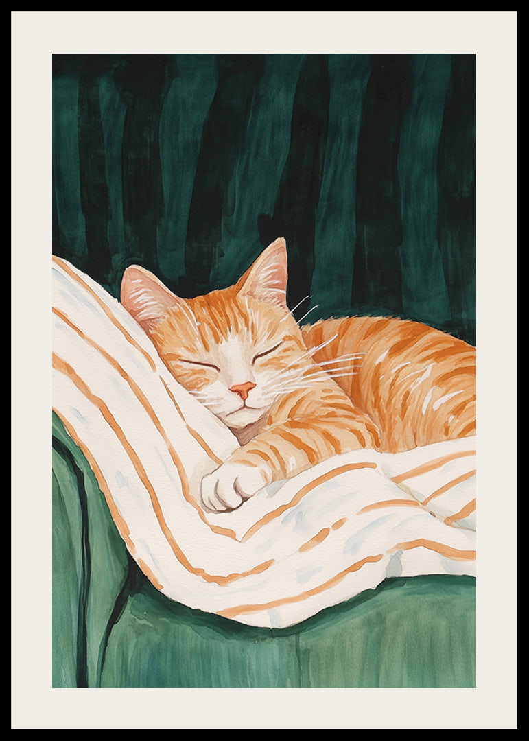 A poster with a sleeping orange cat on a striped blanket in a green armchair-12