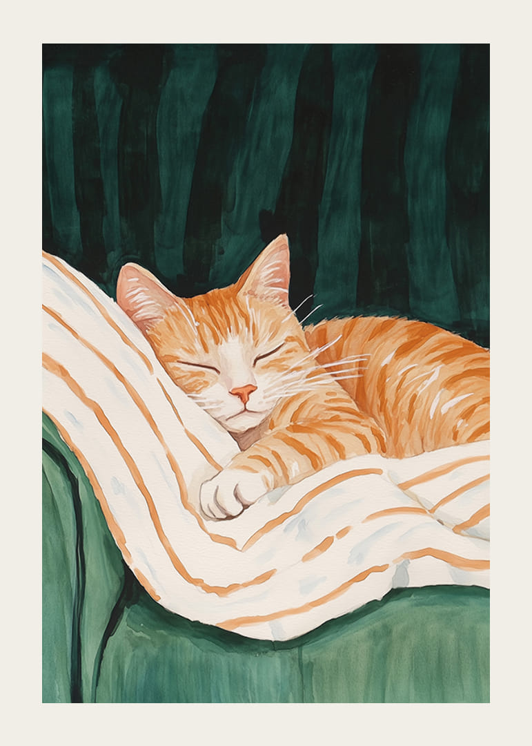 Een poster met een slapende oranje kat op een gestreepte deken in een groene fauteuil-12
