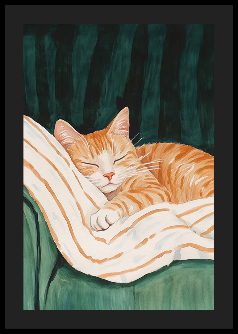 A poster with a sleeping orange cat on a striped blanket in a green armchair-12
