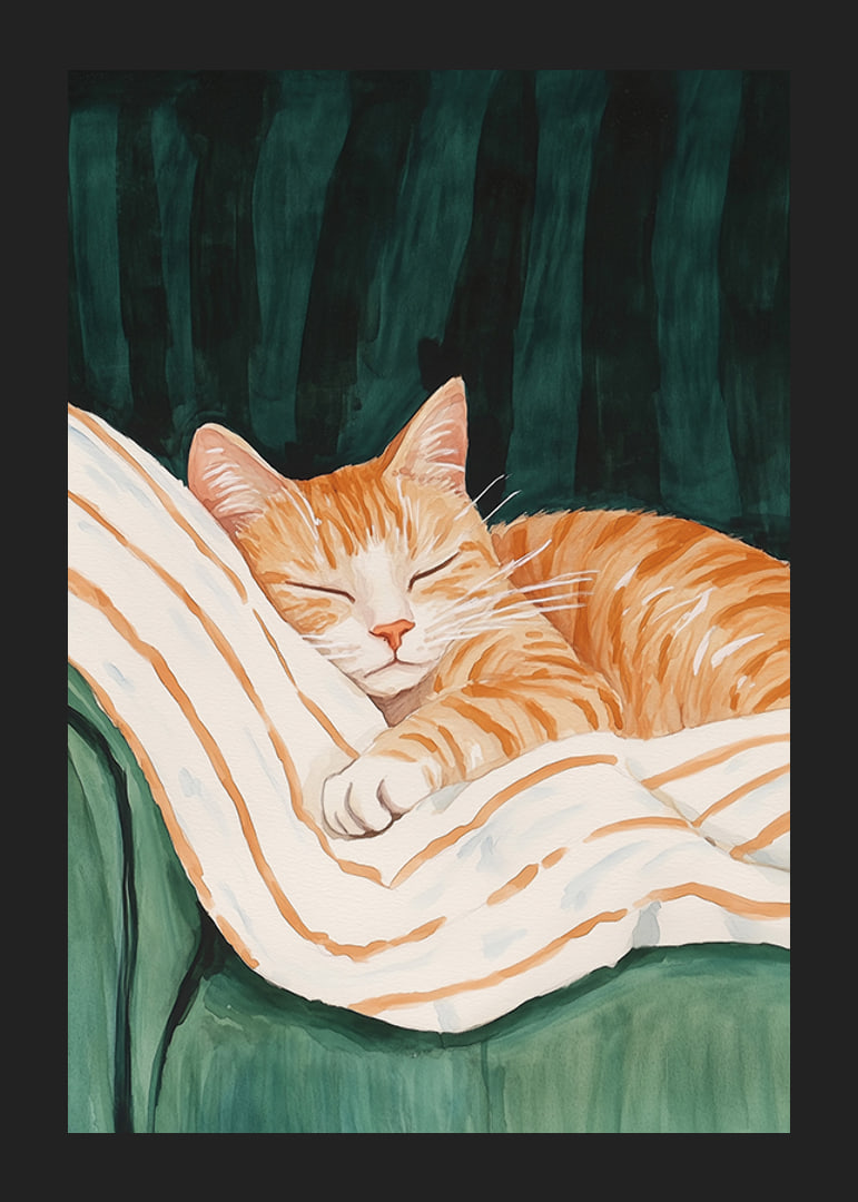 A poster with a sleeping orange cat on a striped blanket in a green armchair-12