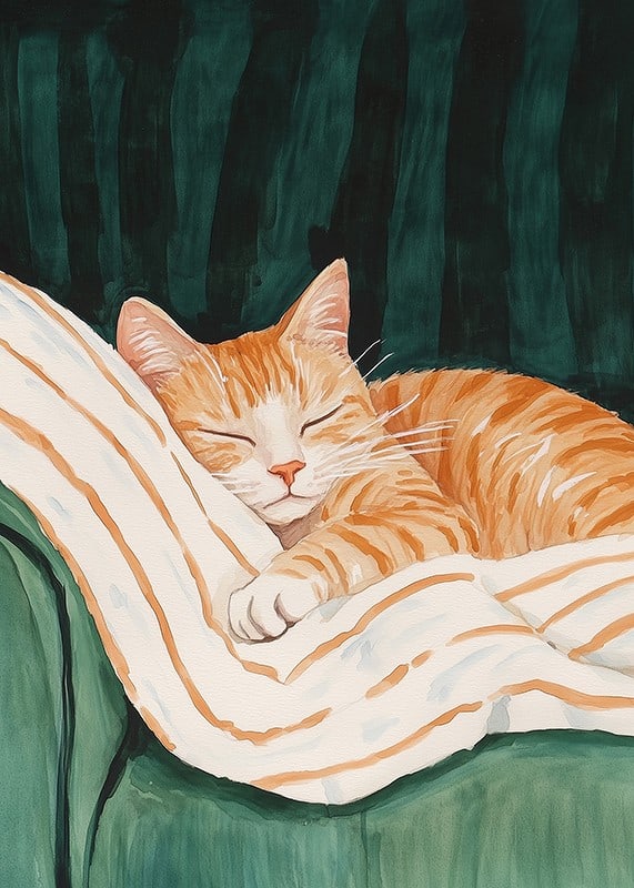 A poster with a sleeping orange cat on a striped blanket in a green armchair-12