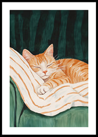 A poster with a sleeping orange cat on a striped blanket in a green armchair-0