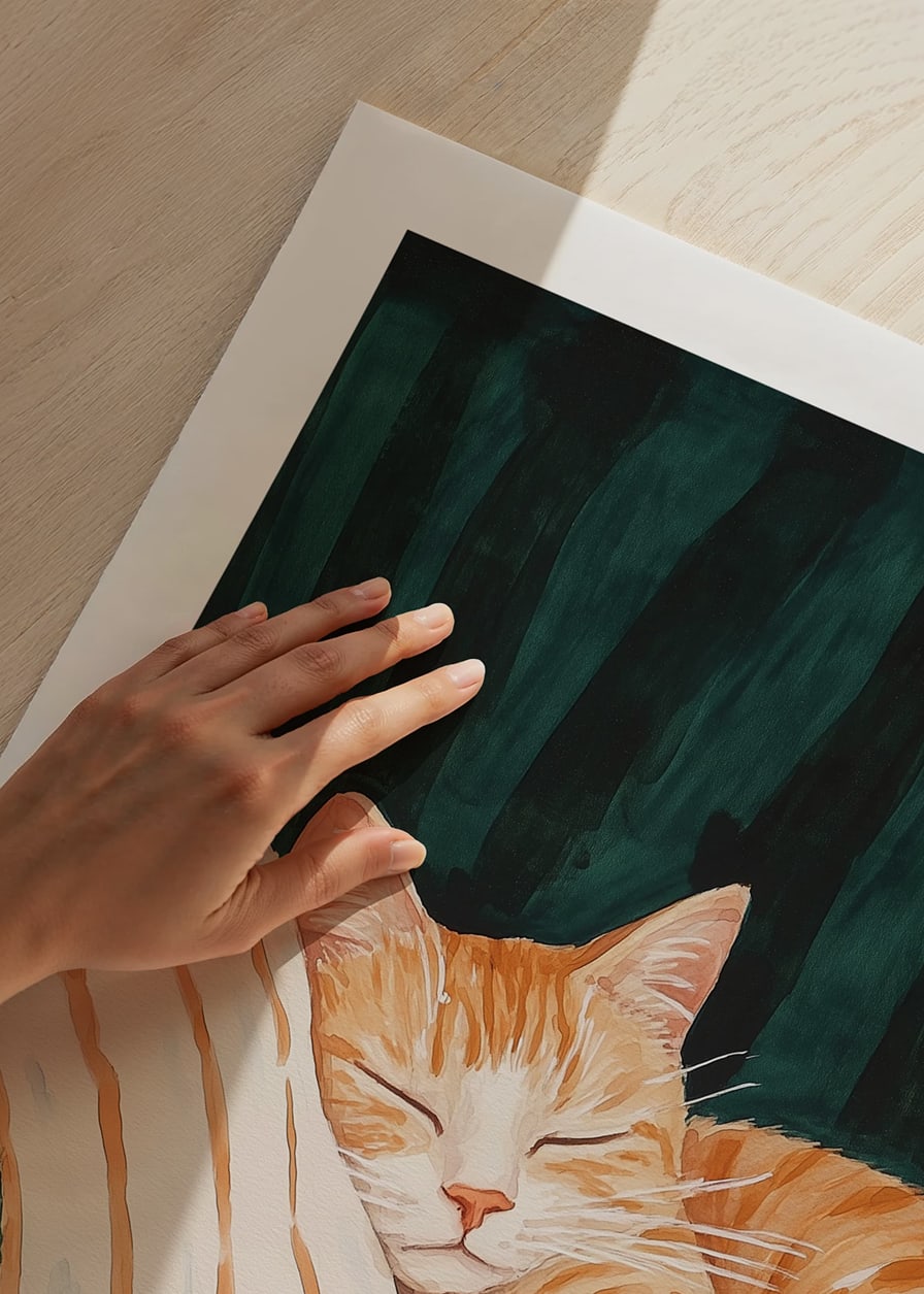 A poster with a sleeping orange cat on a striped blanket in a green armchair-12