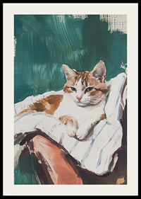 A poster with a relaxed cat resting on a striped blanket-2