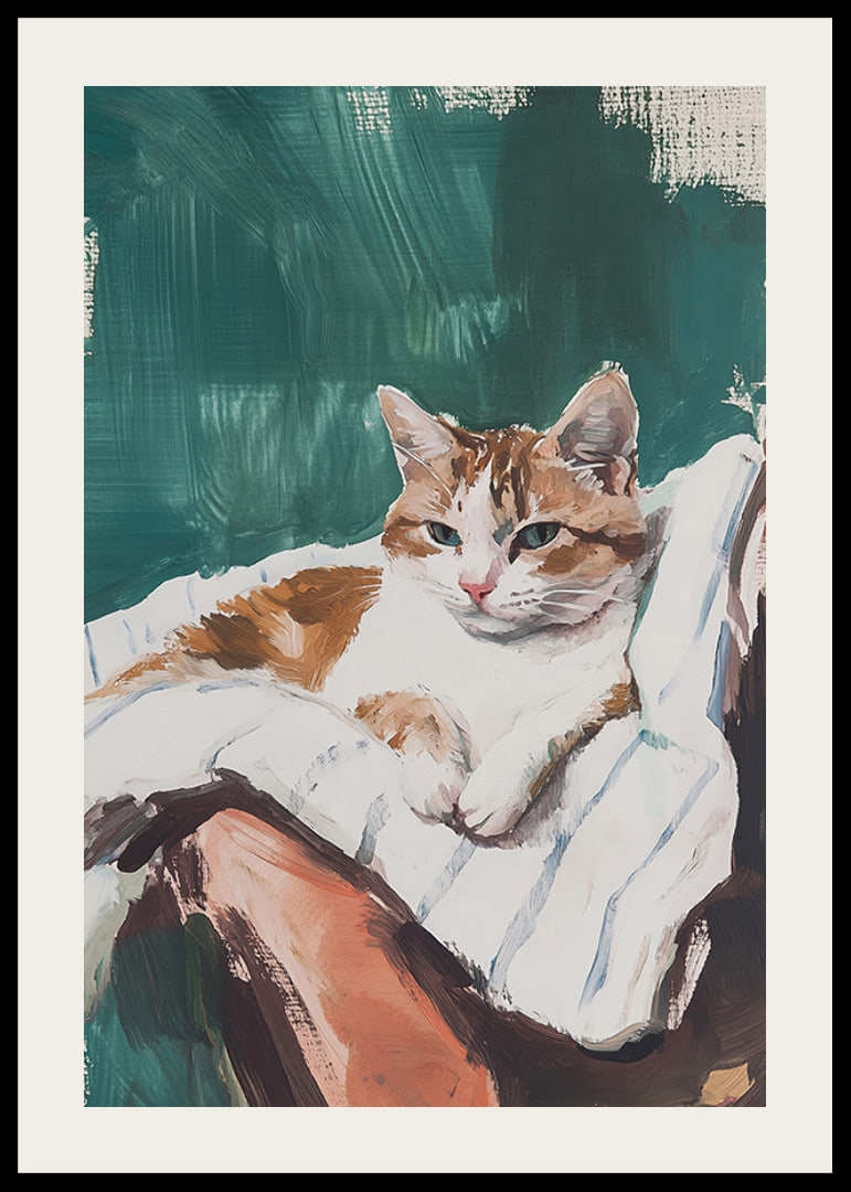 A poster with a relaxed cat resting on a striped blanket-12
