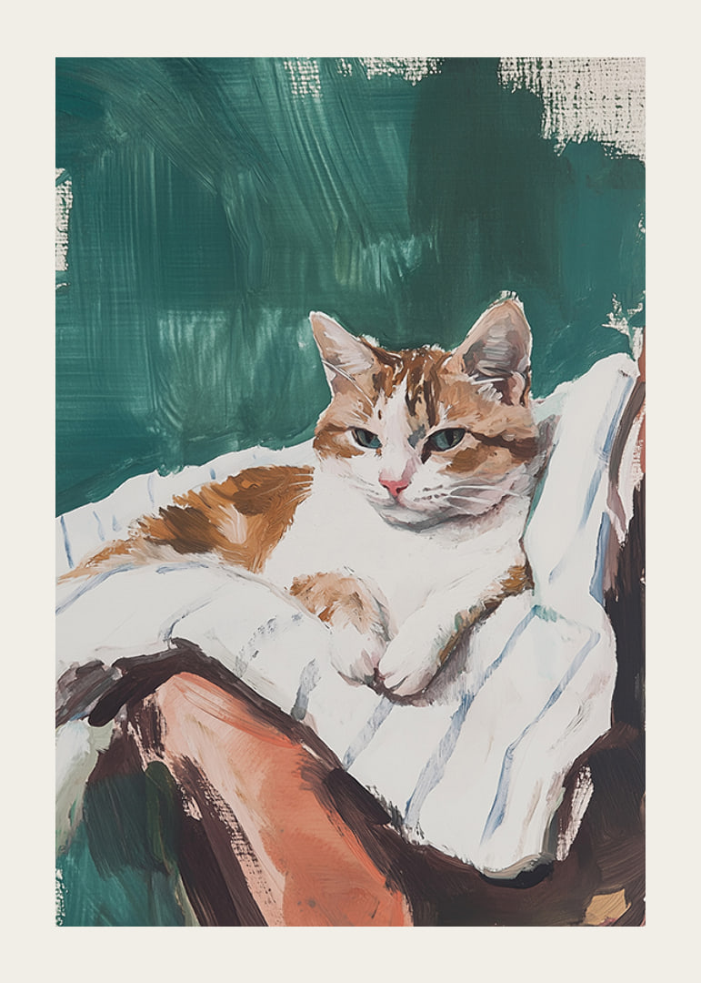 A poster with a relaxed cat resting on a striped blanket-12