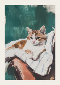 Une affiche avec un chat détendu reposant sur une couverture rayée-3