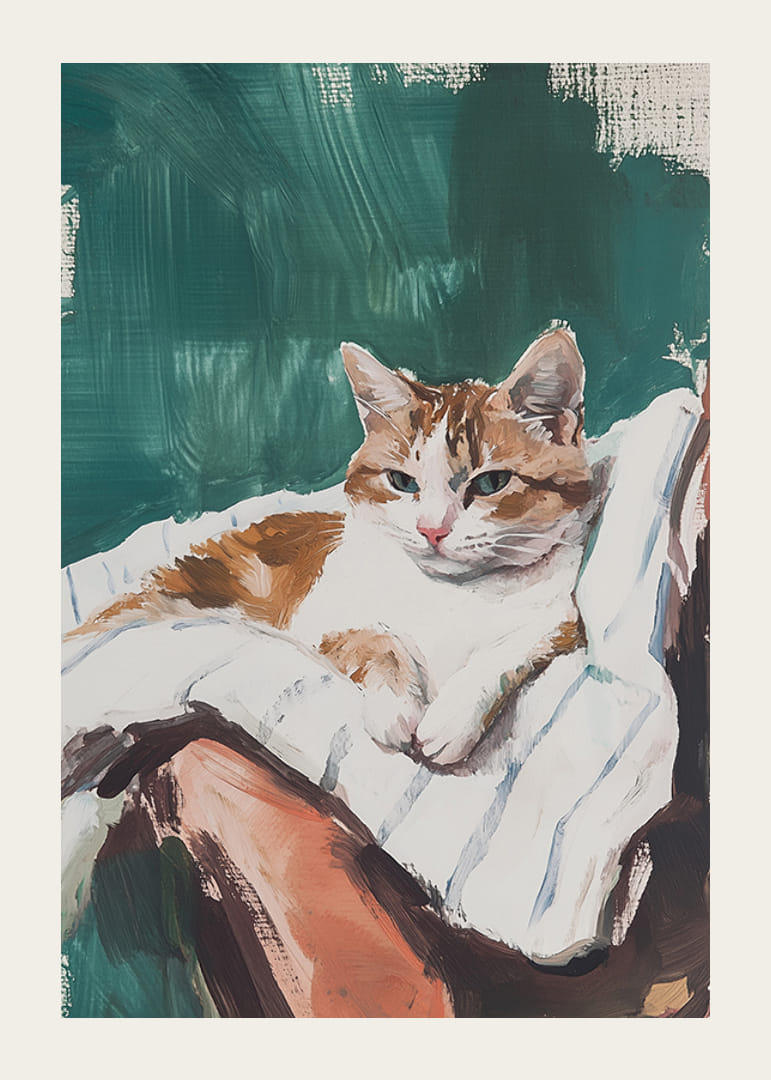 Une affiche avec un chat détendu reposant sur une couverture rayée-12