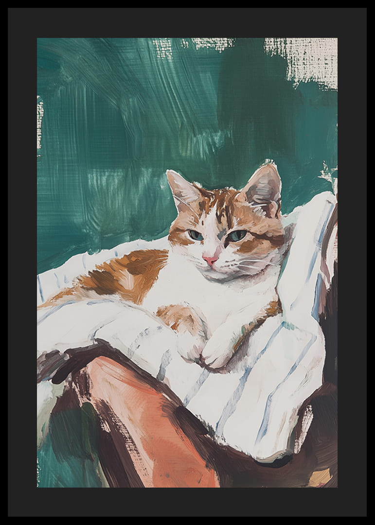 Une affiche avec un chat détendu reposant sur une couverture rayée-12