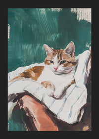 A poster with a relaxed cat resting on a striped blanket-5