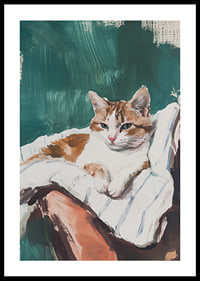 A poster with a relaxed cat resting on a striped blanket-0